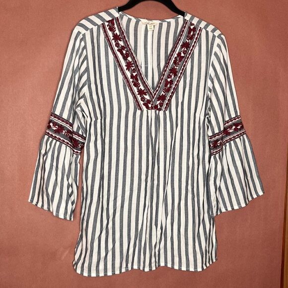 Tribal Jeans Bohemian Bell Sleeve Striped embroidered Tunic Petite Small - Picture 1 of 8